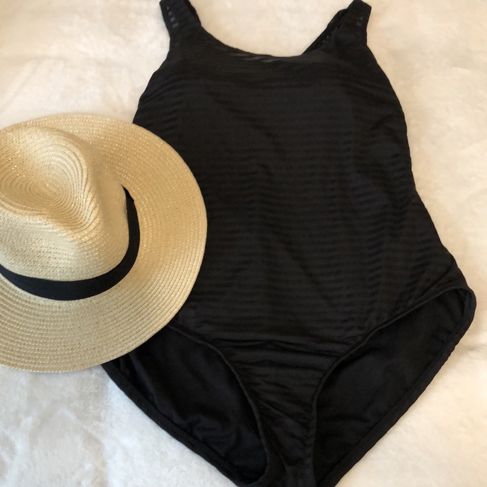 Catalina One-Piece Suit in Black with see through horizontal stripped Shell, XL.